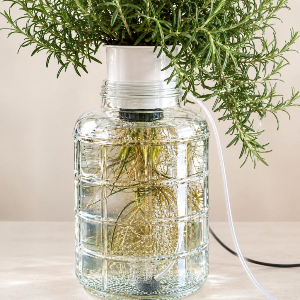 Come funziona l'idroponica in casa radici, acqua e nutrienti nell'impianto GreenGrow Vista ravvicinata delle radici in acqua e nutrienti all'interno di un impianto di idroponica in casa GreenGrow