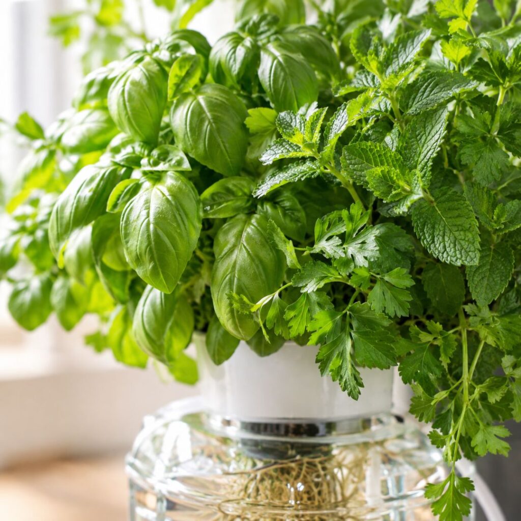 Erbe aromatiche coltivate con idroponica in casa basilico e menta Basilico, menta e altre erbe aromatiche coltivate con un impianto di idroponica in casa GreenGrow