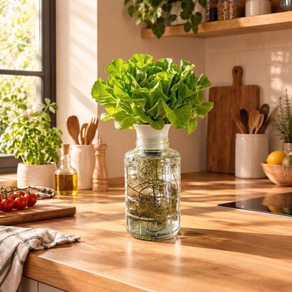Impianto di idroponica plug and play GreenGrow con erbe aromatiche e insalate in crescita su un bancone cucina
