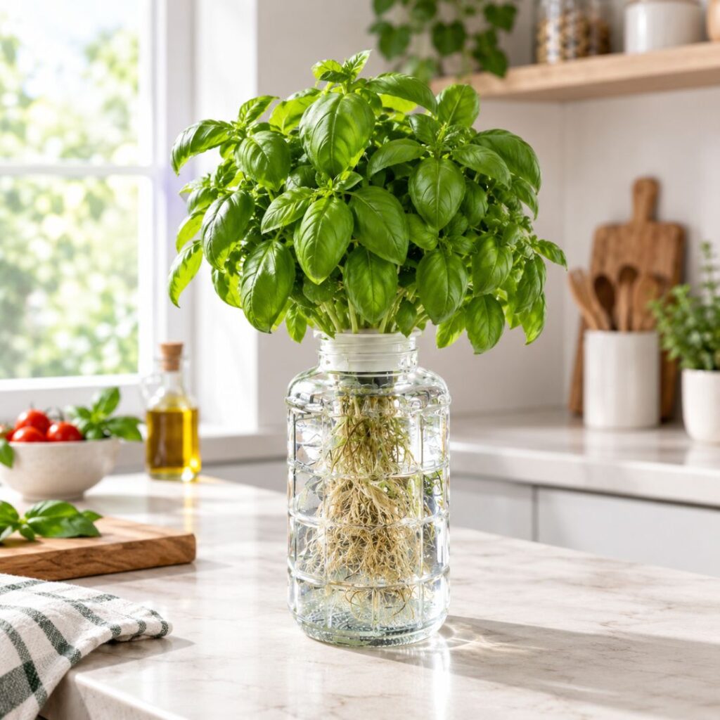 Impianto idroponica in casa con radici immerse in acqua e nutrienti Impianto di idroponica in casa GreenGrow con radici delle piante immerse in acqua ricca di nutrienti, senza terra