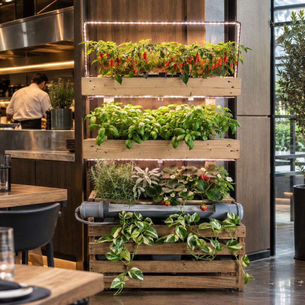 Impianto di idroponica plug and play GreenGrow integrato in un ristorante come elemento di design sostenibile