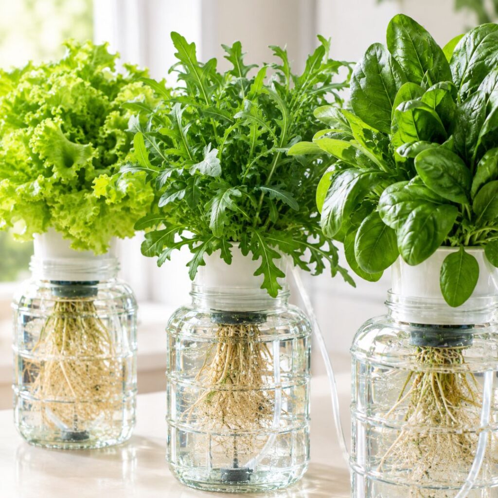 Insalate a foglia verde coltivate con idroponica in casa lattuga e rucola