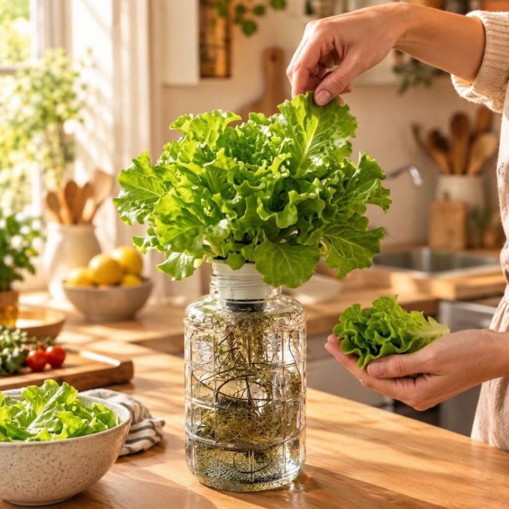 Mani che raccolgono insalata fresca da un impianto di idroponica plug and play GreenGrow in cucina